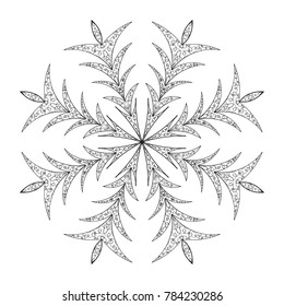 Hand drawn doodle winter snowflake coloring pattern. Monochrome design element for your artwork