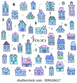 Hand drawn doodle winter street homes icons set. Vector illustration. Cottage symbol collection. Cartoon village buildings various sketch architectural elements: residential houses, housing, property