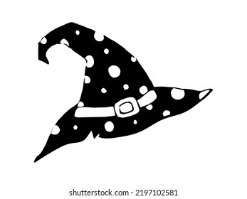 Hand drawn doodle witchs hat. Vector cute halloween spotted hat. Outline.