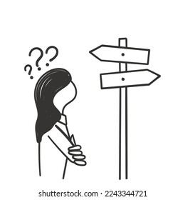 hand drawn doodle woman confused by the signpost illustration