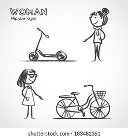 Hand drawn doodle woman hipster style