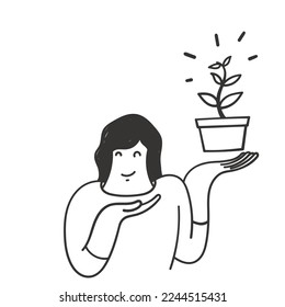 hand drawn doodle woman holding a plant in a pot illustration