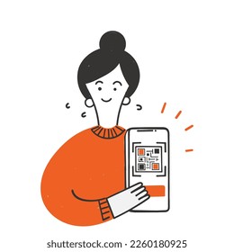 doodle dibujado a mano mujer sosteniendo el teléfono con vector de ilustración de código qr