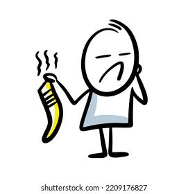 Hand drawn doodle woman holds mans socks smelling badly. Vector illustration of funny stickmans situation.