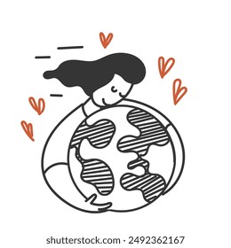 hand drawn doodle doodle woman hug earth with love sign