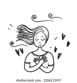 hand drawn doodle woman keep hands at heart love self illustration