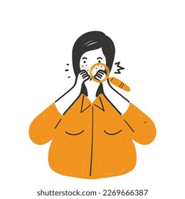 hand drawn doodle woman looking acne on skin face with magnifying glass illustration vector