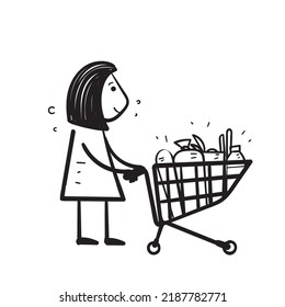 Hand Drawn Doodle Woman Pushing Trolley Illustration Vector