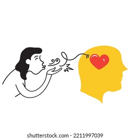 hand drawn doodle woman put love on mind illustration vector