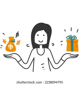 hand drawn doodle woman showing gift box and money bag illustration vector isolated