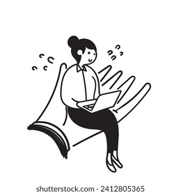 hand drawn doodle woman working with laptop is sitting on palm