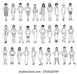 Hand drawn doodle women in different outfits, black and white ink illustration