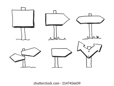 Hand drawn doodle wood signs and arrows on white background.