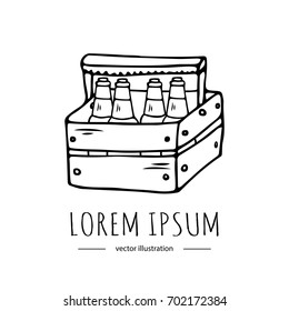 Hand drawn doodle Wooden box with beer bottles icon. Vector illustration. Cartoon Craft Beer production symbol. Sketchy brewing element for pub equipment, beer bar isolated on white background