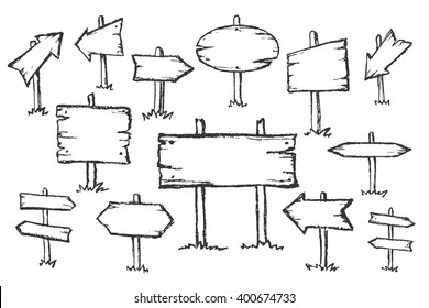 Hand drawn doodle wooden road signs and arrows pointing in different and opposite directions. Vector illustration.