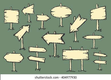 Hand drawn doodle wooden road signs and arrows pointing in different and opposite directions. Vector illustration.