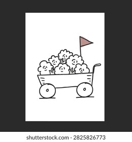 Hand drawn doodle of a wooden wagon cart carrying several cheerful cartoon clouds with happy faces and a small triangular flag on top.