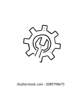 hand drawn doodle wrench and gear illustration vector isolated