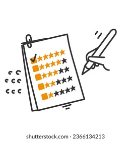 hand drawn doodle writing feedback on clipboard with rating stars illustration