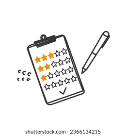 hand drawn doodle writing feedback on clipboard with rating stars illustration