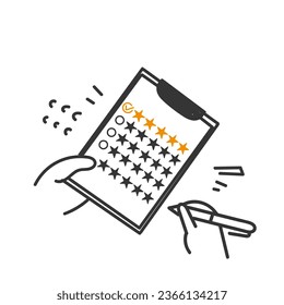 doodle dibujado a mano escribiendo comentarios en el portapapeles con ilustración de estrellas de clasificación