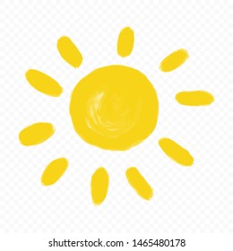 Hand drawn doodle yellow sun isolated on transparent background. Childish design element .