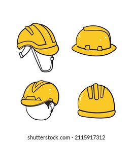hand drawn doodle yellow work helmet illustration collection isolated 