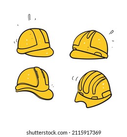 hand drawn doodle yellow work helmet illustration collection isolated 