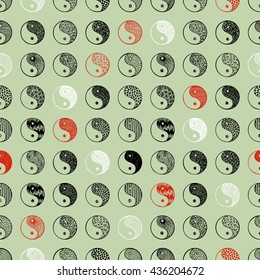 Hand drawn doodle Yin yang symbols with abstract patterns Seamless background. Vector illustration