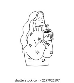 Hand drawn doodle young woman with coffee cup. A girl in a cozy warm sweater enjoys delicious hot tea. Cute cartoon woman warming up with a drink. Vector scribble illustration isolated on white.