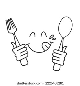 hand drawn doodle yummy face smiley icon delicious holding fork and spoon illustration