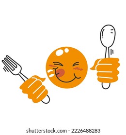 hand drawn doodle yummy face smiley icon delicious holding fork and spoon illustration