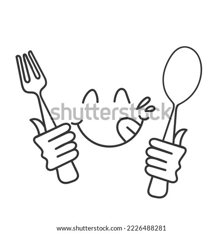 hand drawn doodle yummy face smiley icon delicious holding fork and spoon illustration