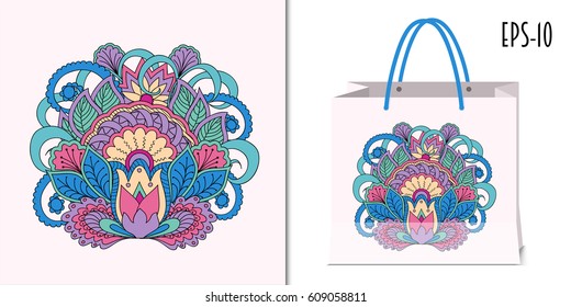Hand drawn doodle zen composition with mandala  for decorate dishes, t-shirt, tunic, bags, case, notebook, stationery, fabric print. Mock-up paper bag. eps 10.