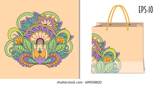 Hand drawn doodle zen composition with mandala  for decorate dishes, t-shirt, tunic, bags, case, notebook, stationery, fabric print. Mock-up paper bag. eps 10.