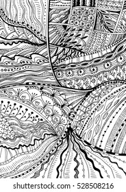 Hand drawn doodle zentangle background. Black and white vector antistress coloring page. Meditation sketch. 