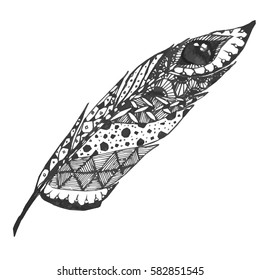 Hand drawn doodle zentangle feather isolated from background. Black and white illustration.