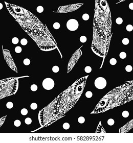 Hand drawn doodle zentangle feather isolated from background. Black and white illustration.