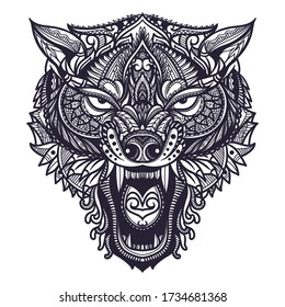 Dibujo manual del doodle zentangle ilustración de la cabeza del lobo