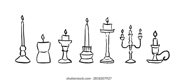 Hand drawn doodled candle set. Black rough sketched burning candles collection. Crayon scribbled candlestick and candelabra bundle for greeting card, birthday, easter decoration, Christmas. Vector