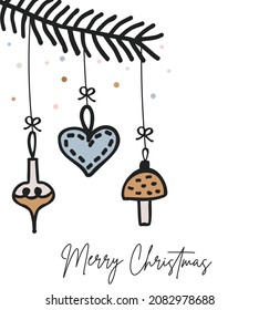 Hand drawn doodled illustration with Christmas baubles, cute new year garland decoration, heart,mushroom and ball decorations