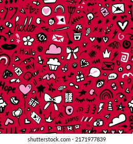 Hand drawn doodled love icons seamless repeat pattern. Random placed, vector cartoon drawings all over surface print on red background.