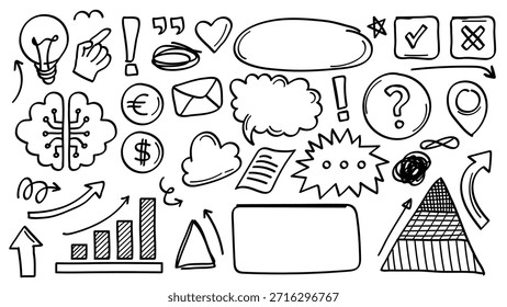 Doodles dibujados a mano sobre ideas, pensamiento, negocios y conocimiento. Colección de Elementos. Ilustración vectorial