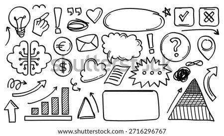Hand Drawn Doodles About ideas, thinking, business, and knowledge. Elements Collection. Vector Illustration