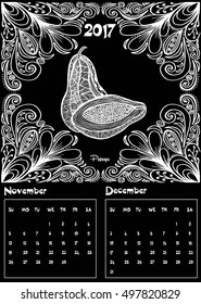 Hand drawn doodles abstract decorative 2017 year calendar template, november and december. English, Very detailed, with papaya fruit illustration. Funny vector artwork