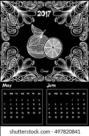 Hand drawn doodles abstract decorative 2017 year calendar template, may and june. English, Very detailed, with orange fruit illustration. Funny vector artwork