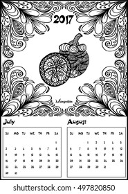 Hand drawn doodles abstract decorative 2017 year calendar template, july and august. English, Very detailed, with mangosteen fruit illustration. Funny vector artwork