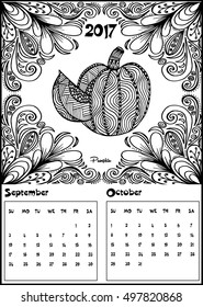 Hand drawn doodles abstract decorative 2017 year calendar template, september and october. English, Very detailed, with pumpkin illustration. Funny vector artwork