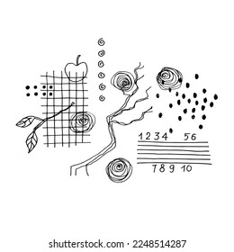 Hand drawn doodles. Abstract line art. Cells, dots, lines, apple, plant shapes. Vector.For design