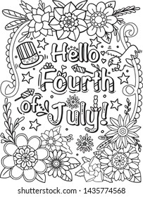 Hand drawn. Doodles art with flower element for Independence Day or Cards. Coloring for adult and kids. Vector Illustration